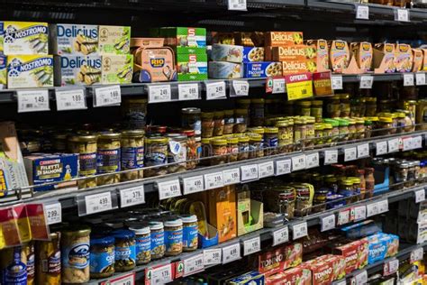 Shelves With Food And Semi Finished Drinks Of The Spar Grocery Store In