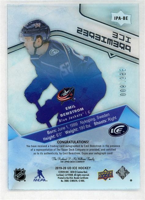 Emil Bemstrom Ud Ice Premiers Auto D Blue Jackets Ebay