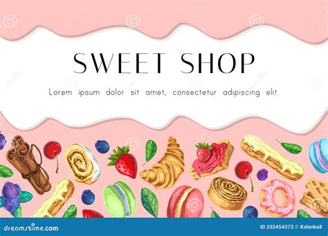 Sweets Shop Banner Dessert Pink Background With Cream Or Syrup Flowing