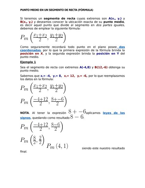 Punto Medio ATEMATICAS PUNTO MEDIO EN UN SEGMENTO DE RECTA FÓRMULA