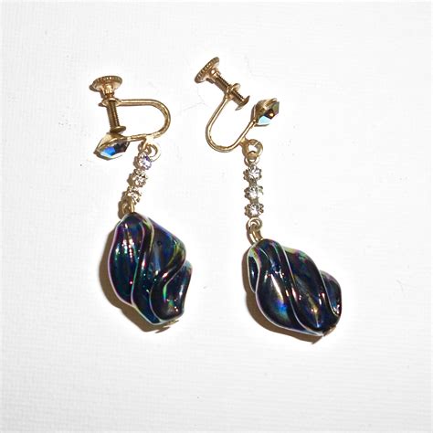 Iridescent Glass Bead Dangle Earrings With Rhinestone Accents Etsy