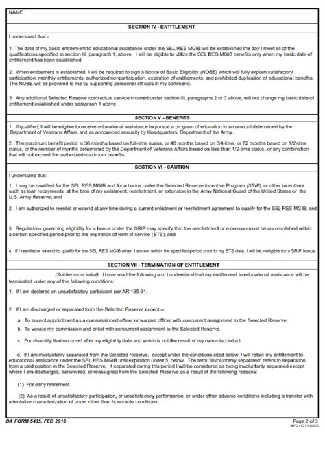 DA Form 5435 Statement Of Understanding The Selected Reserve