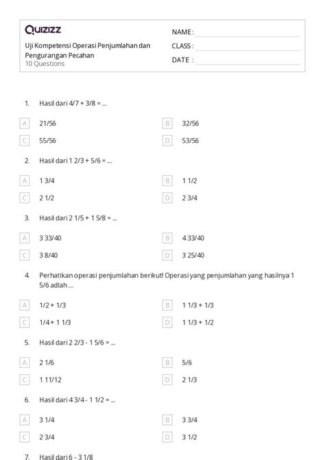 50 Lembar Kerja Penjumlahan Dan Pengurangan Pecahan Untuk Kelas 8 Di