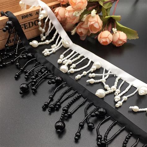 5yds Pearl Fringe Beaded Tassel Lace Black White Trims Ribbons Clothing