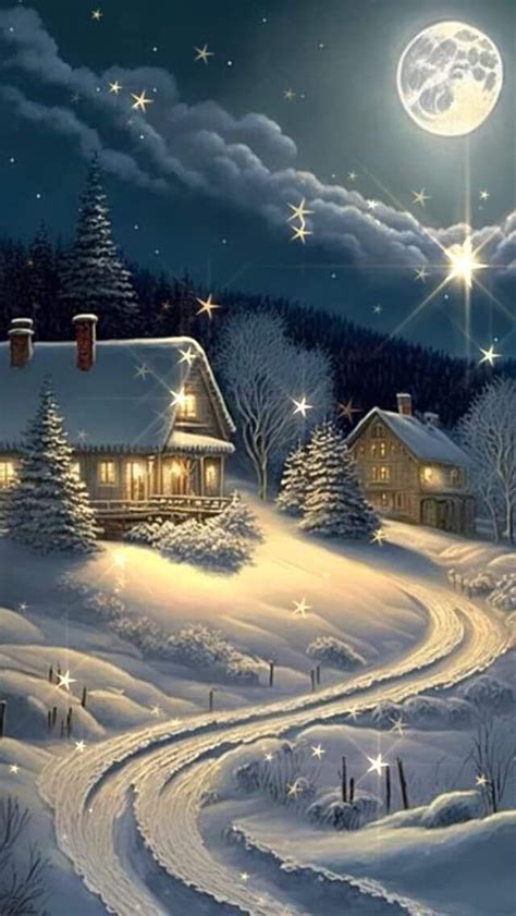 A Painting Of A Snowy Village At Night