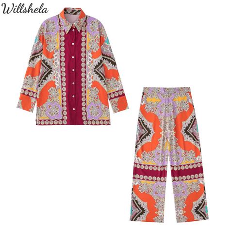 Willshela Women Fashion Printed 2 Piece Shirt And Pant Sets Lapel Neck