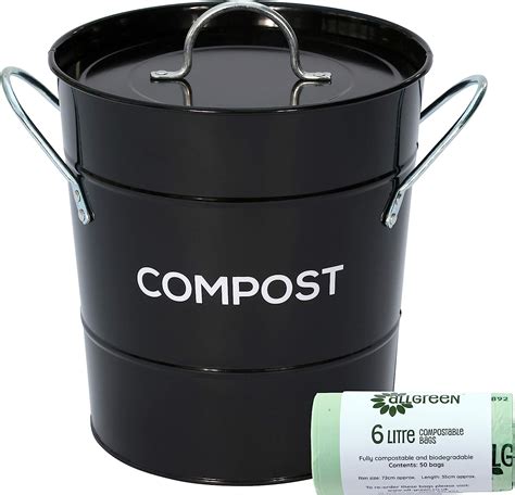 Black Metal Kitchen Compost Caddy 50x 6L All Green Ompostable Bags