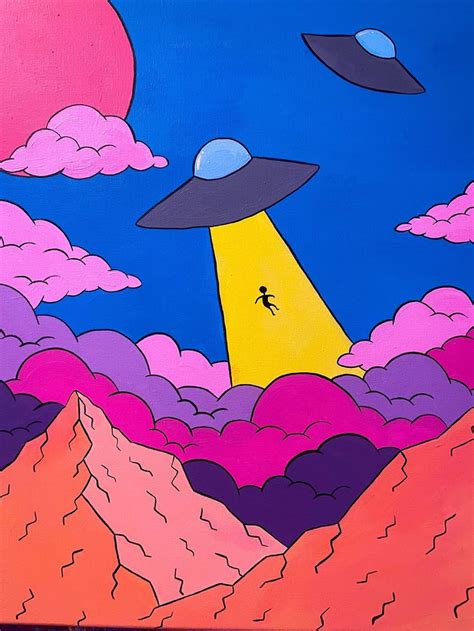 Ufos Over Orange Mountains Trippy Cartoon Painting Etsy Canada Diy