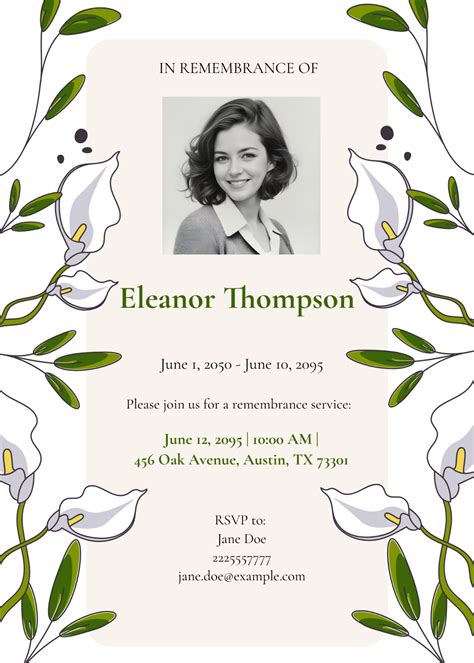 Free Remembrance Funeral Invitation Template to Edit Online