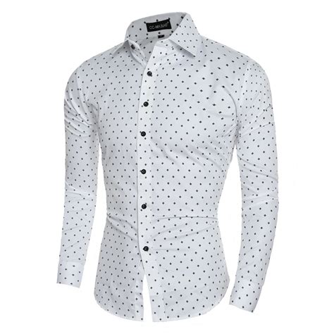 New Spring Men Shirt Mens Polka Dot Slim Fit Long Sleeve White Dress