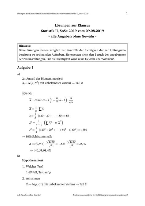 SS 2019 Lösung STA II SOWI Lösungen zur Klausur Statistik II SoSe