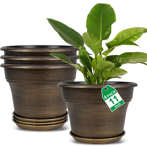 Plant Planters Pots Set Of 4 Pack 11 Inch Plastic Flower Pot For