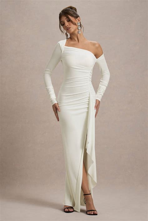 Nerina Cream Asymmetric Long Sleeve Split Maxi Dress Club L London Usa