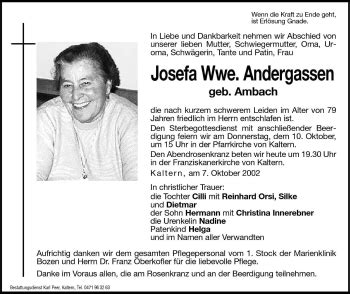 Traueranzeigen Von Josefa Andergassen Trauer Bz