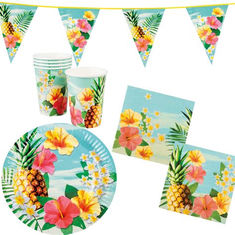 Hawaii Party Deko Teller Becher Servietten Blume Personen Girlande