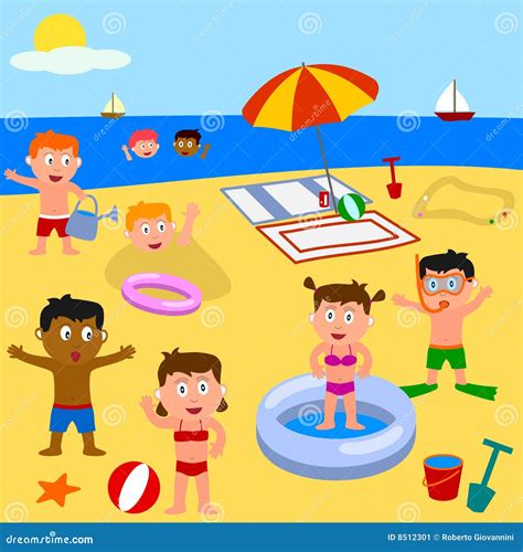 Kids Playing on the Beach stock vector. Image of ethnic - 8512301