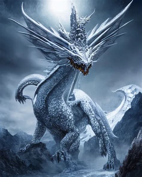 Giant Ice Dragon Standing On A Mountain Highly Stable Diffusion