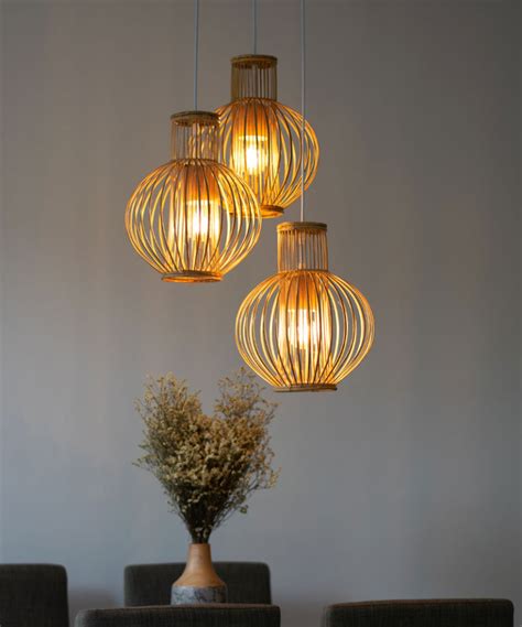 Rustic Rattan Pendant Lights Triple Cluster Canopy