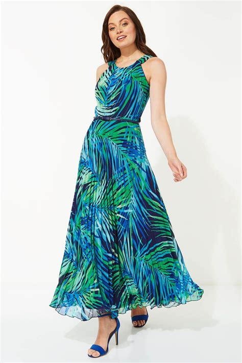 Palm Print Pleated Maxi Dress In Navy Roman Originals Uk Pleated