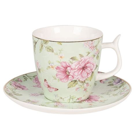 6CE1071 Tasse Et Soucoupe 160 Ml Vert Rose Porcelaine Fleurs Vaisselle