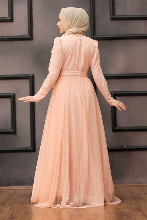 Salmon Pink Hijab Evening Dress 23341smn