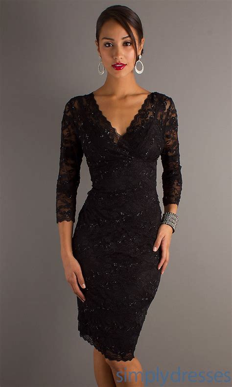 Three Quarter Sleeve V Neck Knee Length Lace Dress Black Lace