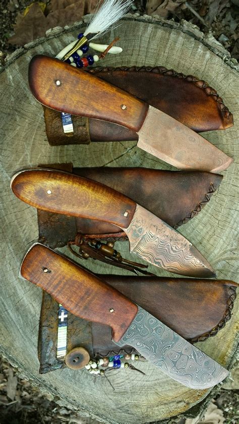 Copper Head Damascus Skinning Knives With Deer Hide Sheaths By Alex