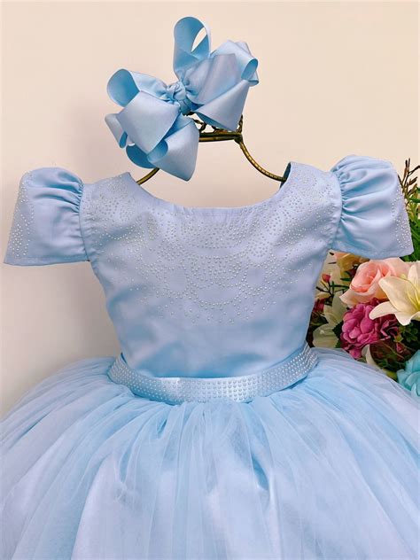 Vestido Infantil Longo Azul Bebê Damas Strass Princesas