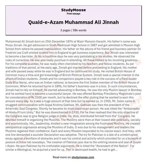 Quaid-e-Azam Muhammad Ali Jinnah Free Essay Example