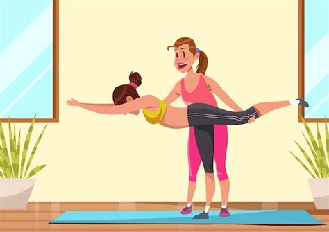 Mujer Haciendo Un Ejercicio De Pilates Con Su Entrenador Vector Premium