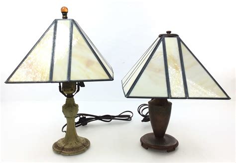 Lot 2 Vintage Arts And Crafts Slag Glass Table Lamps