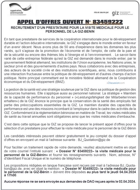 GIZ recrute 01 Prestataire pour la visite médicale Concoursn