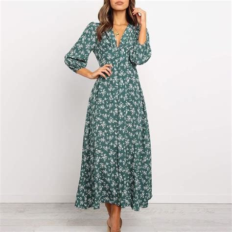 Robe longue à manches 3 4 à manches 3 4 et à imprimé floral pour femmes