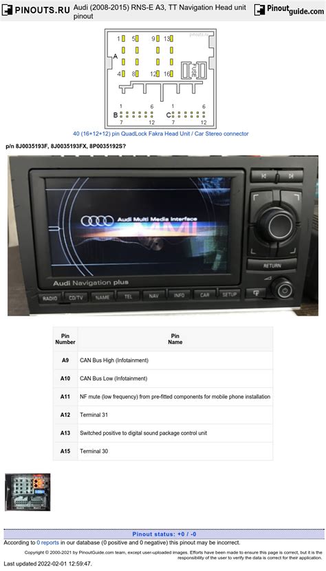 Audi 2008 2015 RNS E A3 TT Navigation Head Unit Pinout Signals