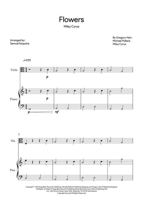 Flowers Arr Samuel Sequeira Par Miley Cyrus Partitions Pour Alto Et Piano Sur Sheet Music Direct