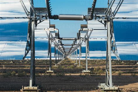 View of solar panels of solar thermal plant. stock photo