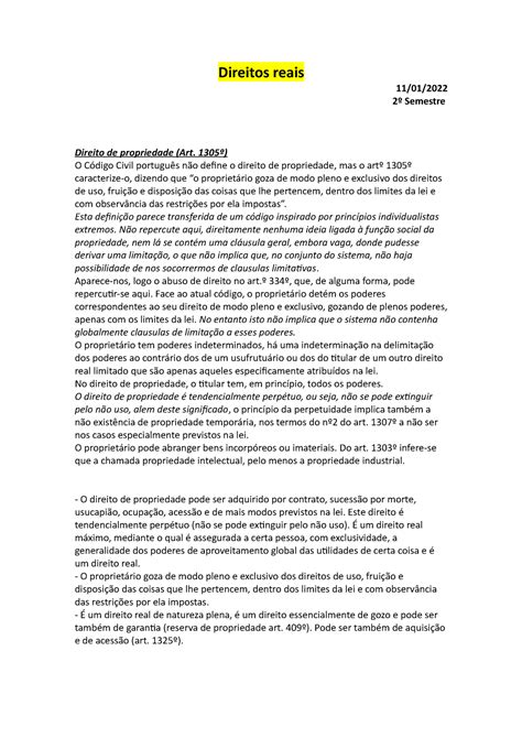 Direitos Reais Resumos 2 Frequencia Direitos Reais 11 01 2º