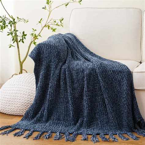 Battilo Navy Blue Throw Blanket For Couch Knitted Chenille Throw Blanket Navy Blue Decor For