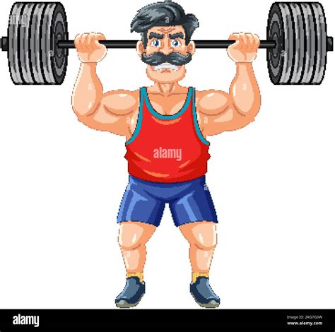 A cartoon illustration of a hipster man with a mustache lifting weights ...