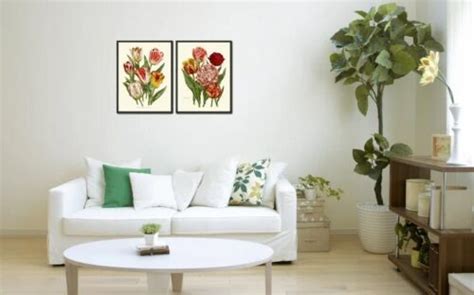 Tulip Flower Prints Wall Art Set of 2 Vintage Antique Botanical Pretty