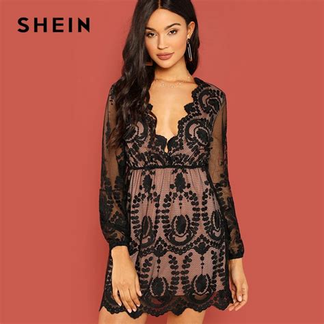 SHEIN Black Party Embroidered Mesh Plunging Neck Bishop Sleeve High