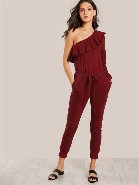 Flounce One Shoulder Sweat Jumpsuit Shein Sheinside