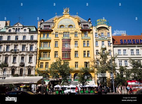 Cafe Tramvaj And Grand Hotel Europa On Wenceslas Square Prague Stock