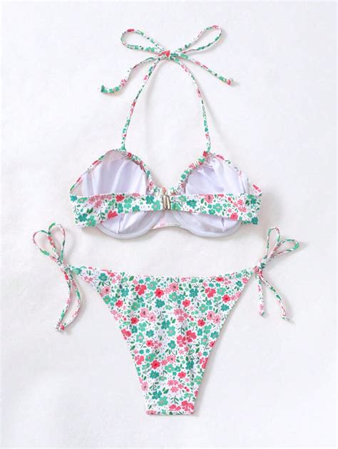 Shein Swim Summer Beach Floral Print Halter Tie Side Bikini Swimsuit