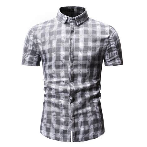 Lf Men Plus Size Summer Cotton Short Sleeves Buttons Plaid Lapel Shirt