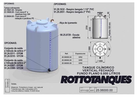 Tanque cilíndrico vertical fechado fundo plano de 6000 litros