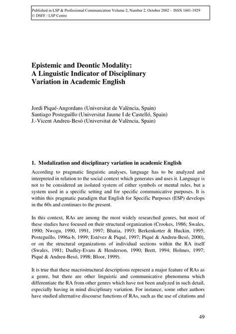 (PDF) Epistemic and Deontic Modality: A Linguistic Indicator of Disciplinary Variation in ...