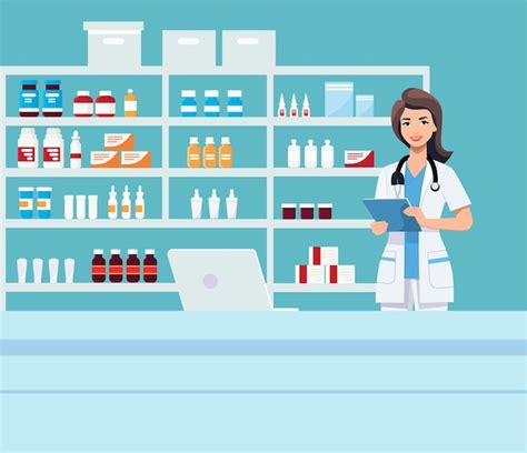 Premium Vector Pharmacy With Nurse In Counter Drugstore Cartoon