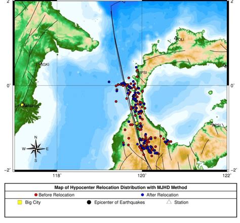 Map of hypocenter relocation before (red) and after (blue) with the ...