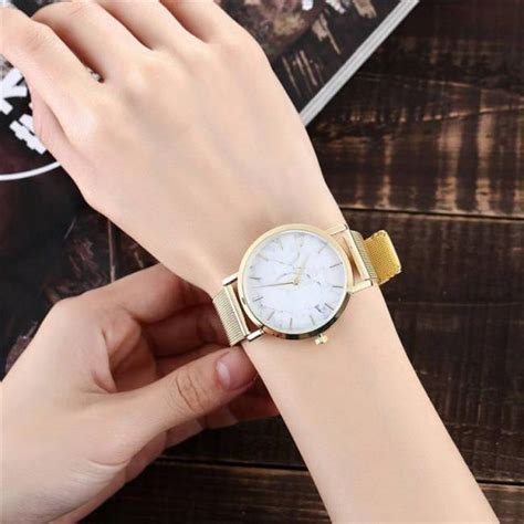 Fashion Silver And Gold Mesh Band Creative Marble Wrist Watch